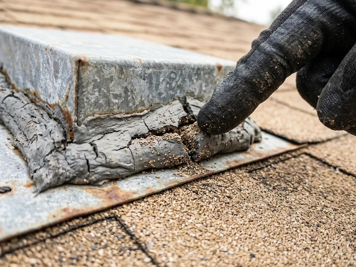 Close view of a cracked, weathered sealant bead along the top flange of a metal roof vent on asphalt shingles