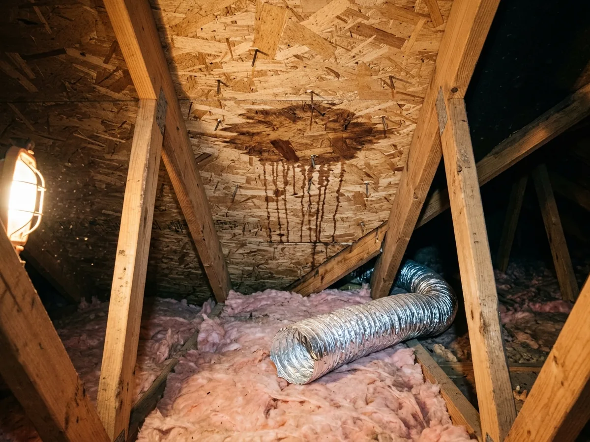 Dark water stain and dried drip marks on the underside of attic roof sheathing beside a bathroom exhaust duct lying loose on the insulation