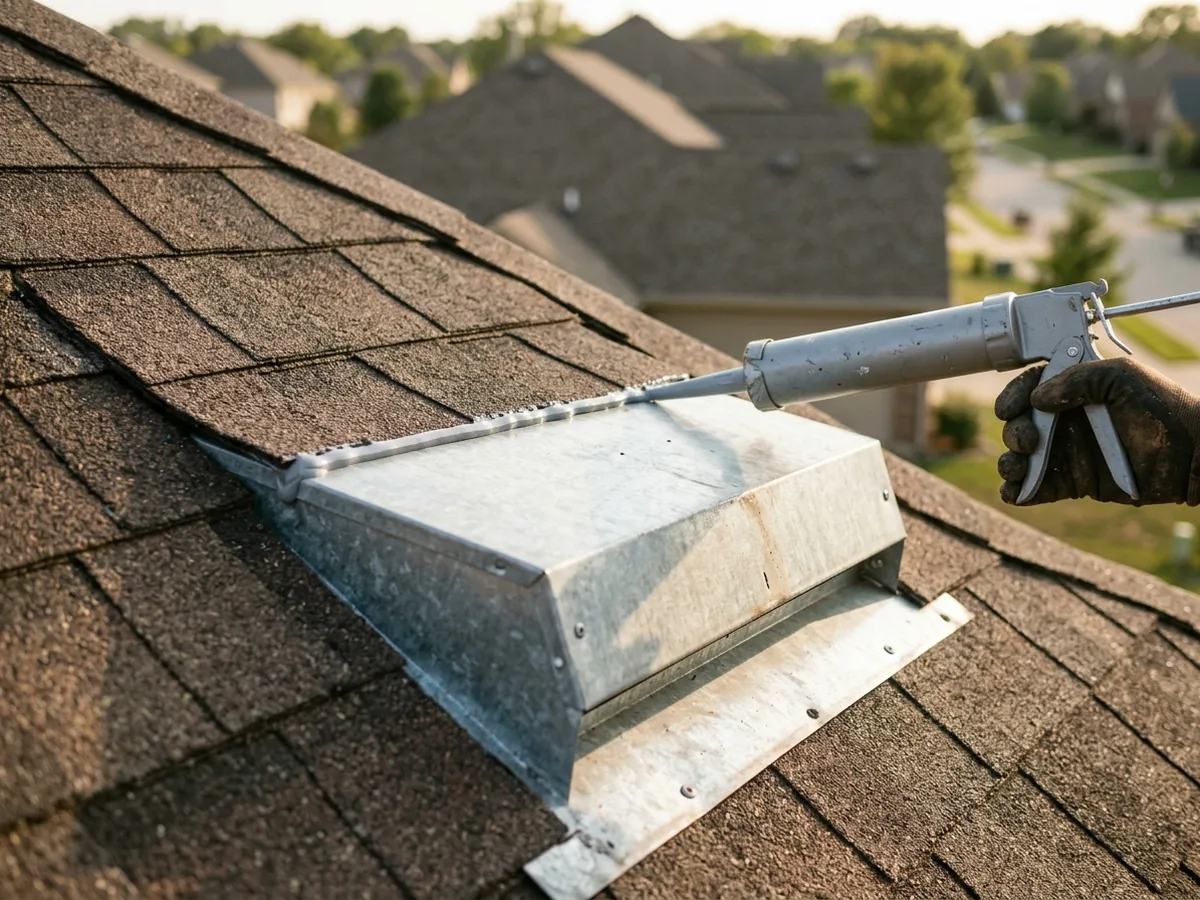 Close view of a low-profile metal bathroom exhaust hood on a gray shingle roof with fresh sealant along its upper flange