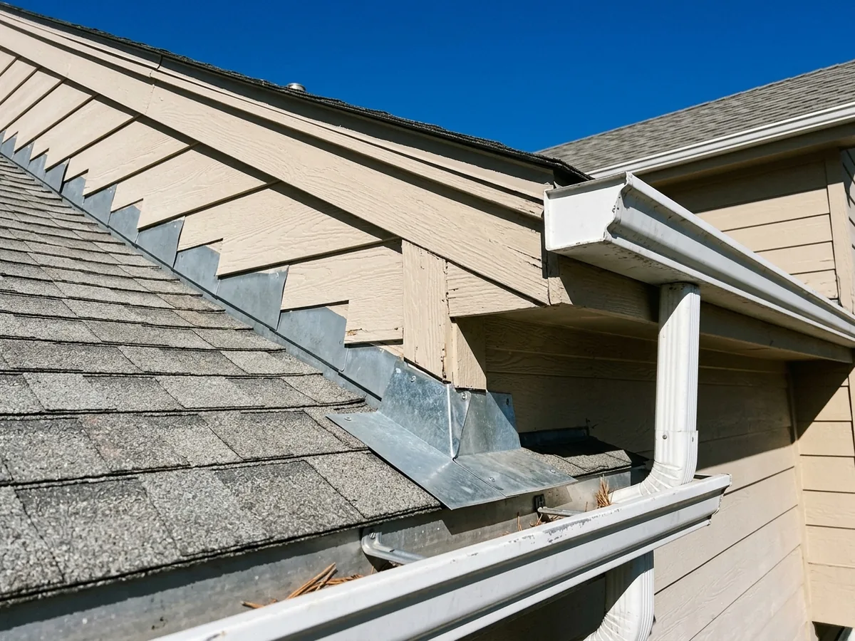 Small metal kickout flashing diverting water off the bottom of a roof-to-wall joint into a gutter on a house with tan lap siding