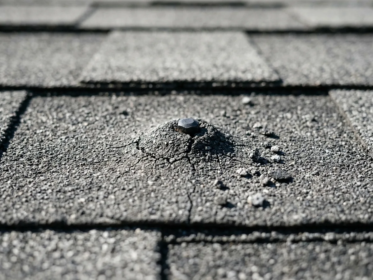 Single raised nail head pushing up the tab of an asphalt shingle, with a small round bump in the shingle surface