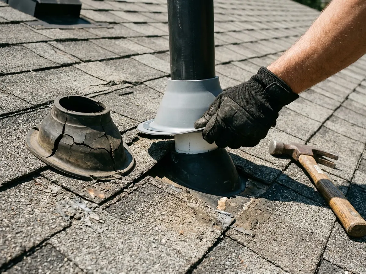 Gloved hand fitting a new pipe boot over a vent pipe on a shingle roof, beside the cracked old rubber boot and a hammer