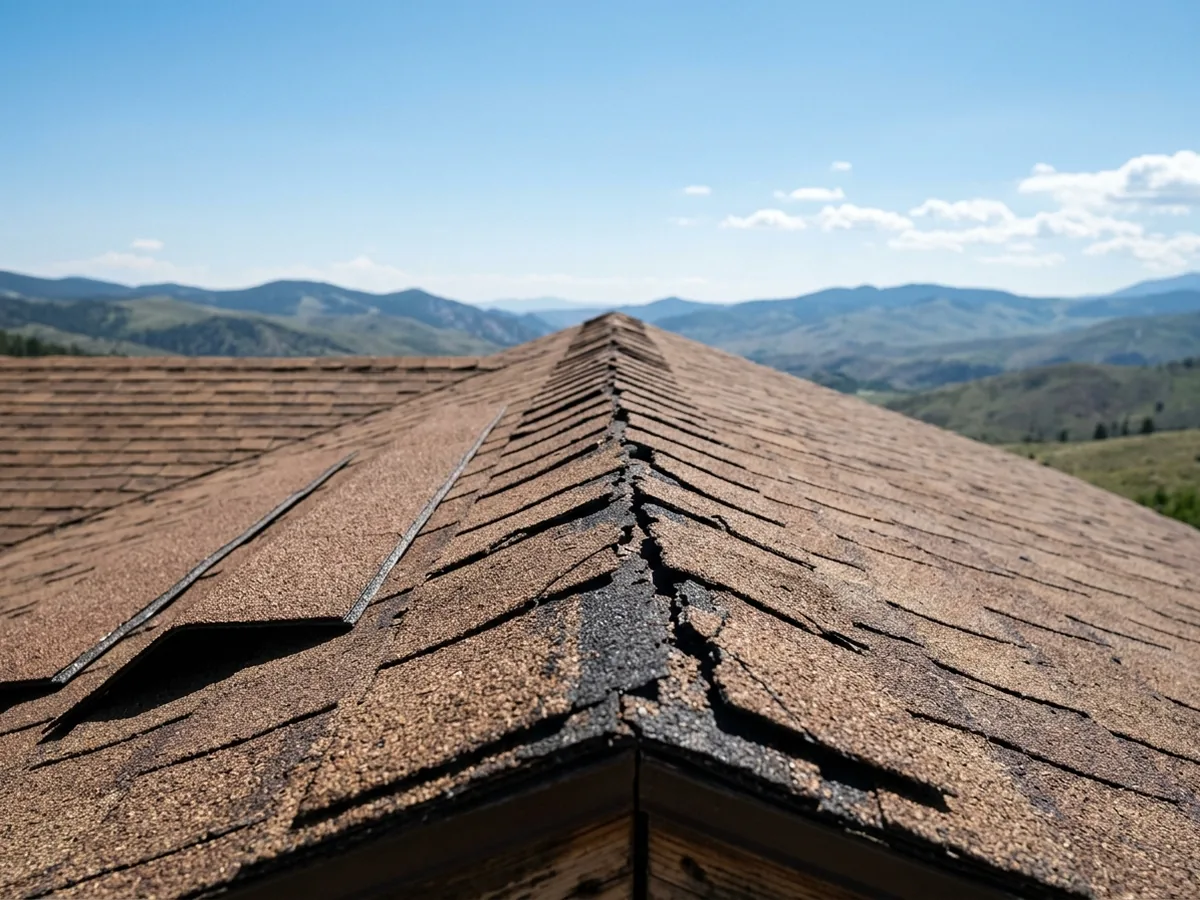 Row of cracked and split cap shingles running along a roof ridge, with two new cap shingles laid beside them
