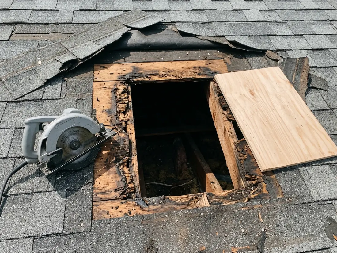 Small square cut out of a roof deck showing dark, rotted plywood edges next to a fresh piece of plywood ready to fit