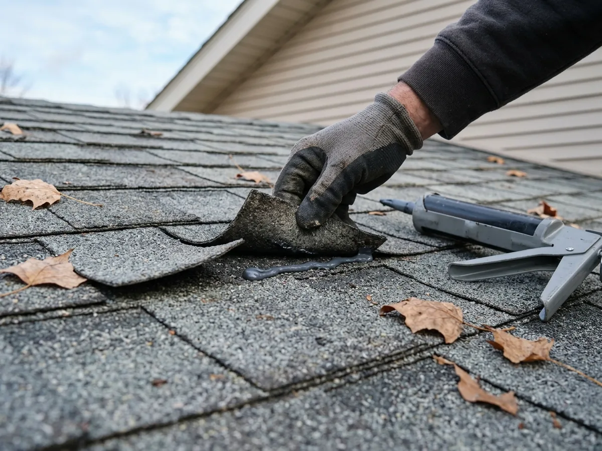 Gloved hand pressing a lifted gray asphalt shingle tab back down onto a fresh bead of roofing sealant