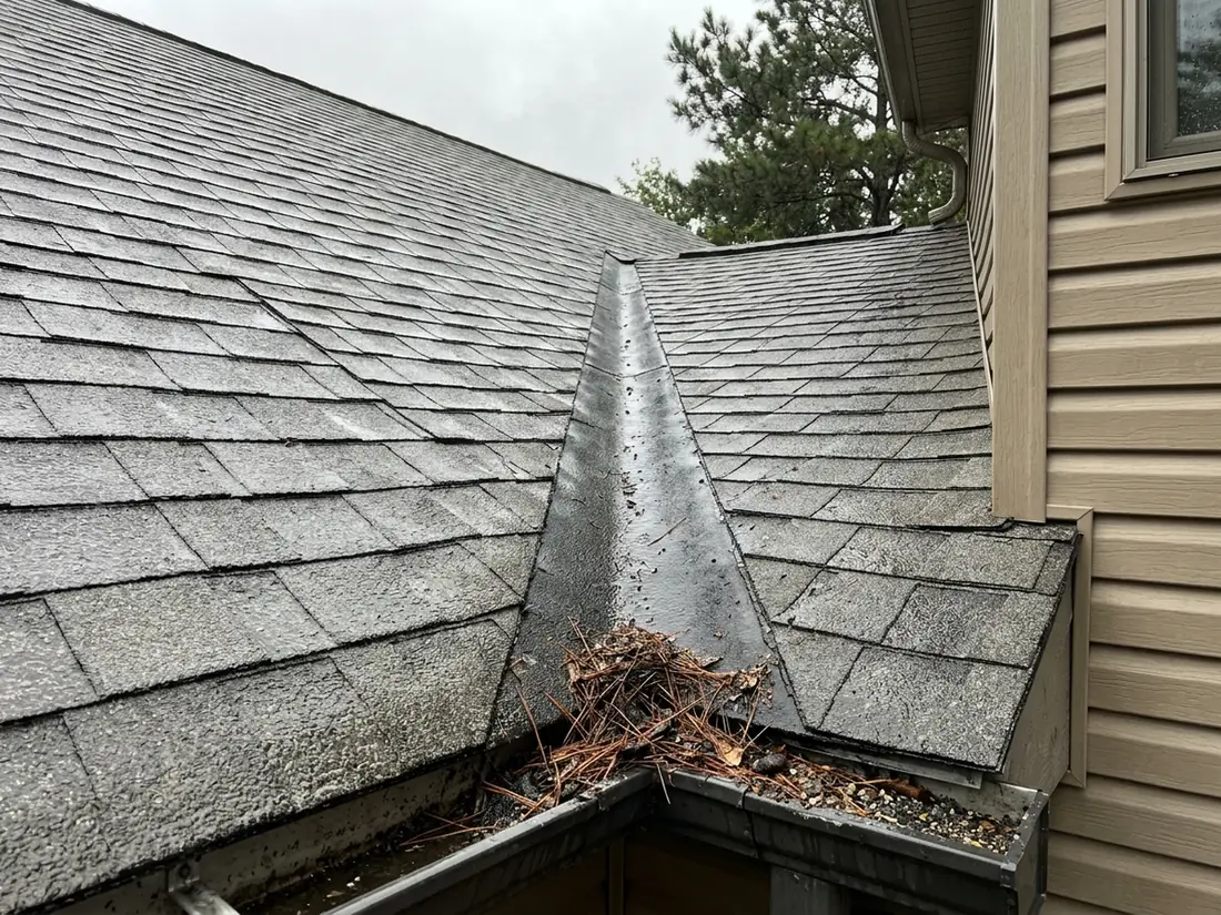 Closed-cut roof valley with worn, granule-bare shingles down its center line and debris collected at the bottom