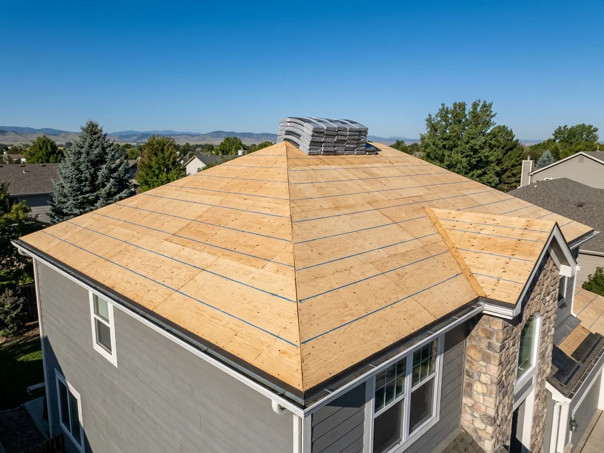 Bare plywood roof deck with blue chalk lines snapped across it and a stack of shingle bundles at the ridge