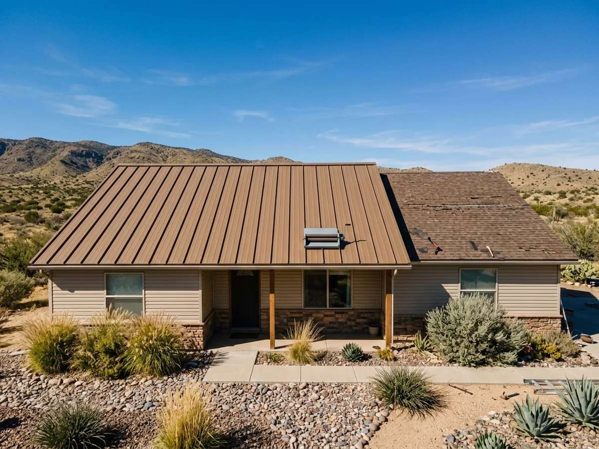 Half of a ranch house roof finished in bronze standing seam steel panels with the other half still covered in brown asphalt shingles