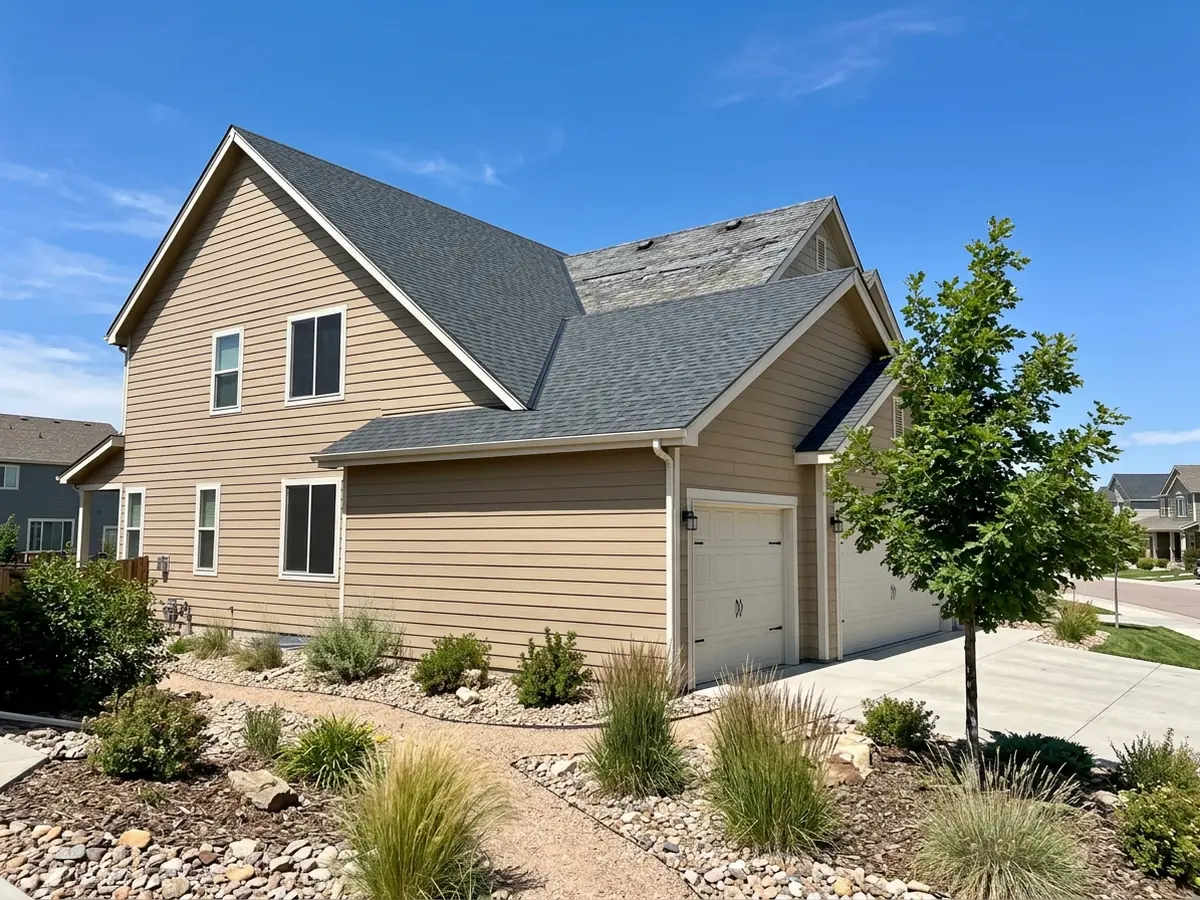 One slope of a house roof in fresh gray shingles meeting the older weathered slope exactly at the ridge line