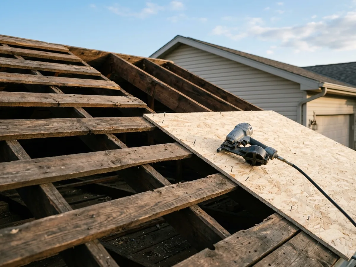 Old spaced roof boards with gaps between them, half covered by new OSB panels nailed over the top