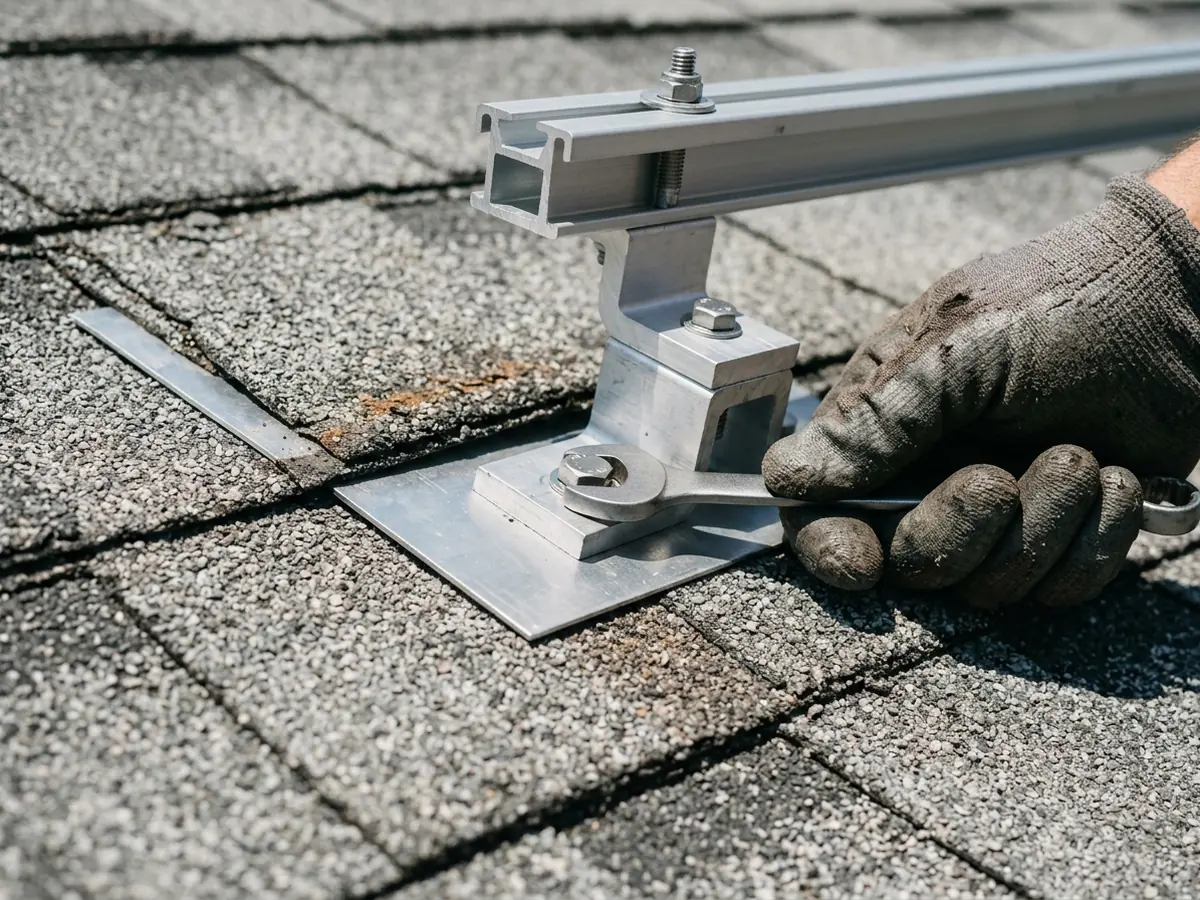 Close view of a solar standoff mount with an aluminum flashing plate tucked under the shingle course above, holding a mounting rail