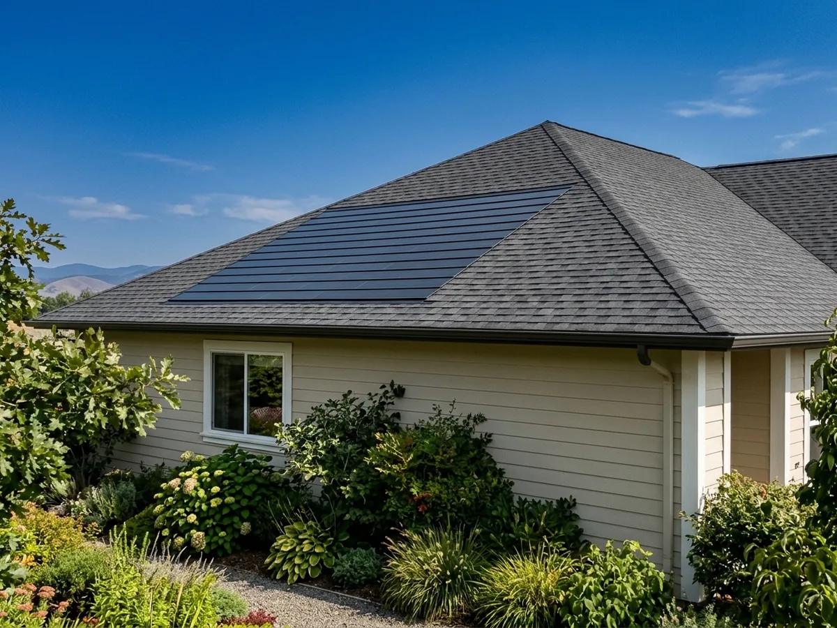 Roof covered in flat dark integrated solar shingles that sit flush with standard asphalt shingles around them