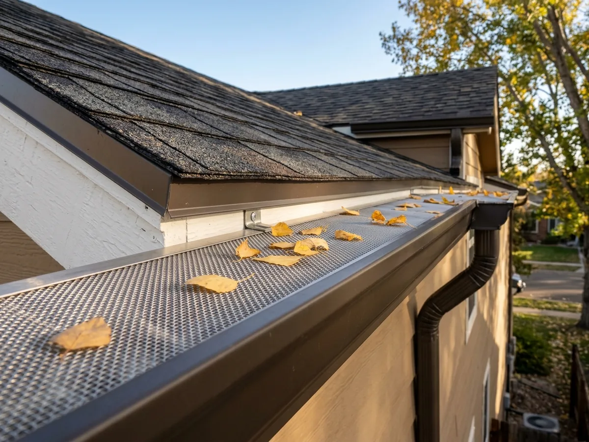Dark seamless gutter fitted with a perforated metal gutter guard, yellow leaves resting on top and a downspout at the corner