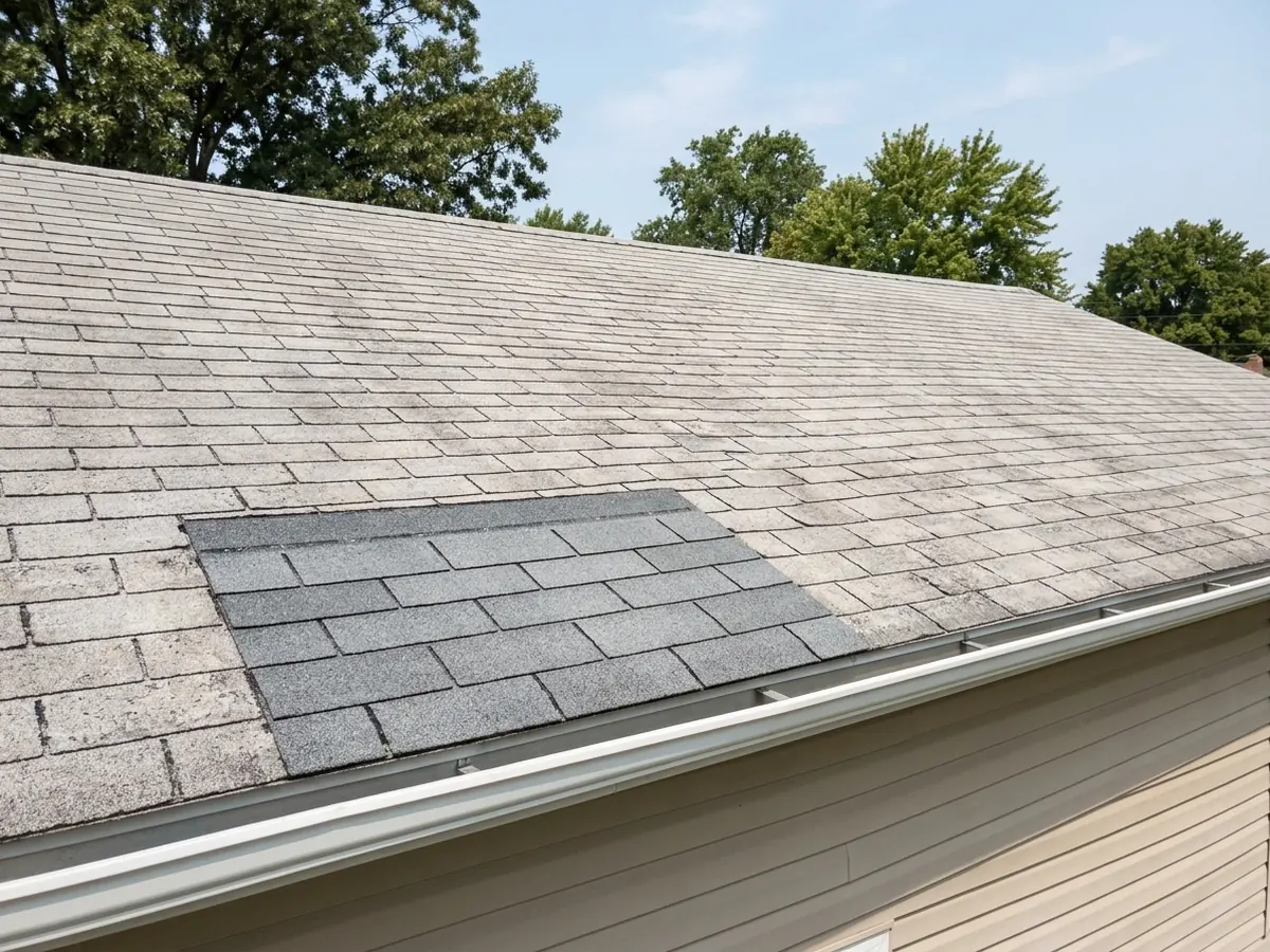 Faded gray 3-tab shingle roof on a ranch house with a small patch of newer, slightly darker 3-tab shingles
