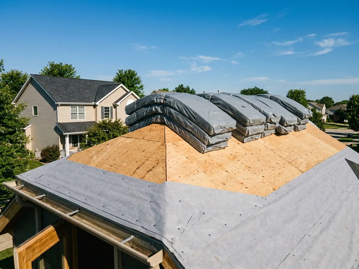 Bundles of impact-rated asphalt shingles stacked on a new plywood roof deck ready for installation