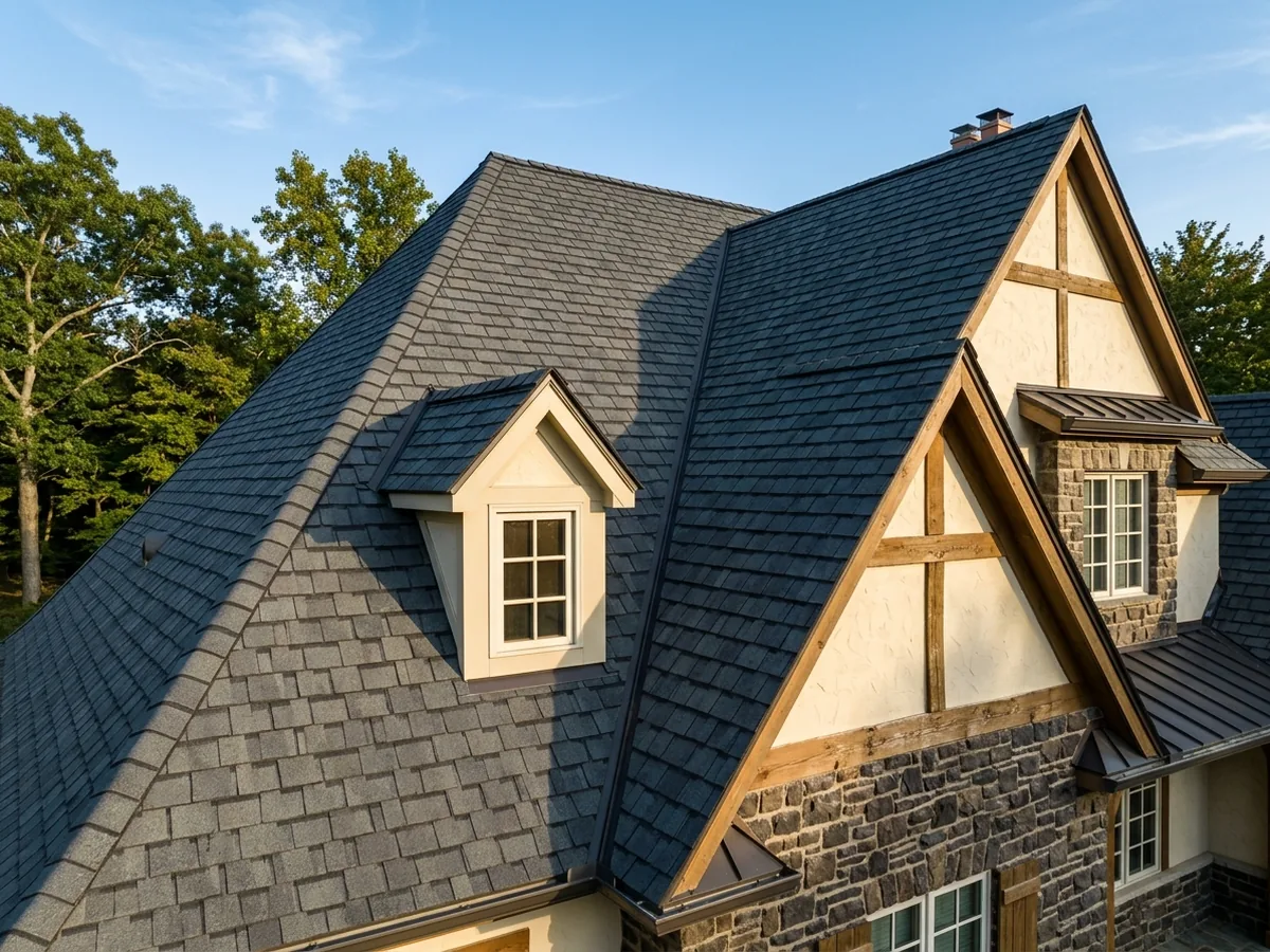 Charcoal designer asphalt shingles cut in staggered rectangular tabs to look like slate on a steep roof