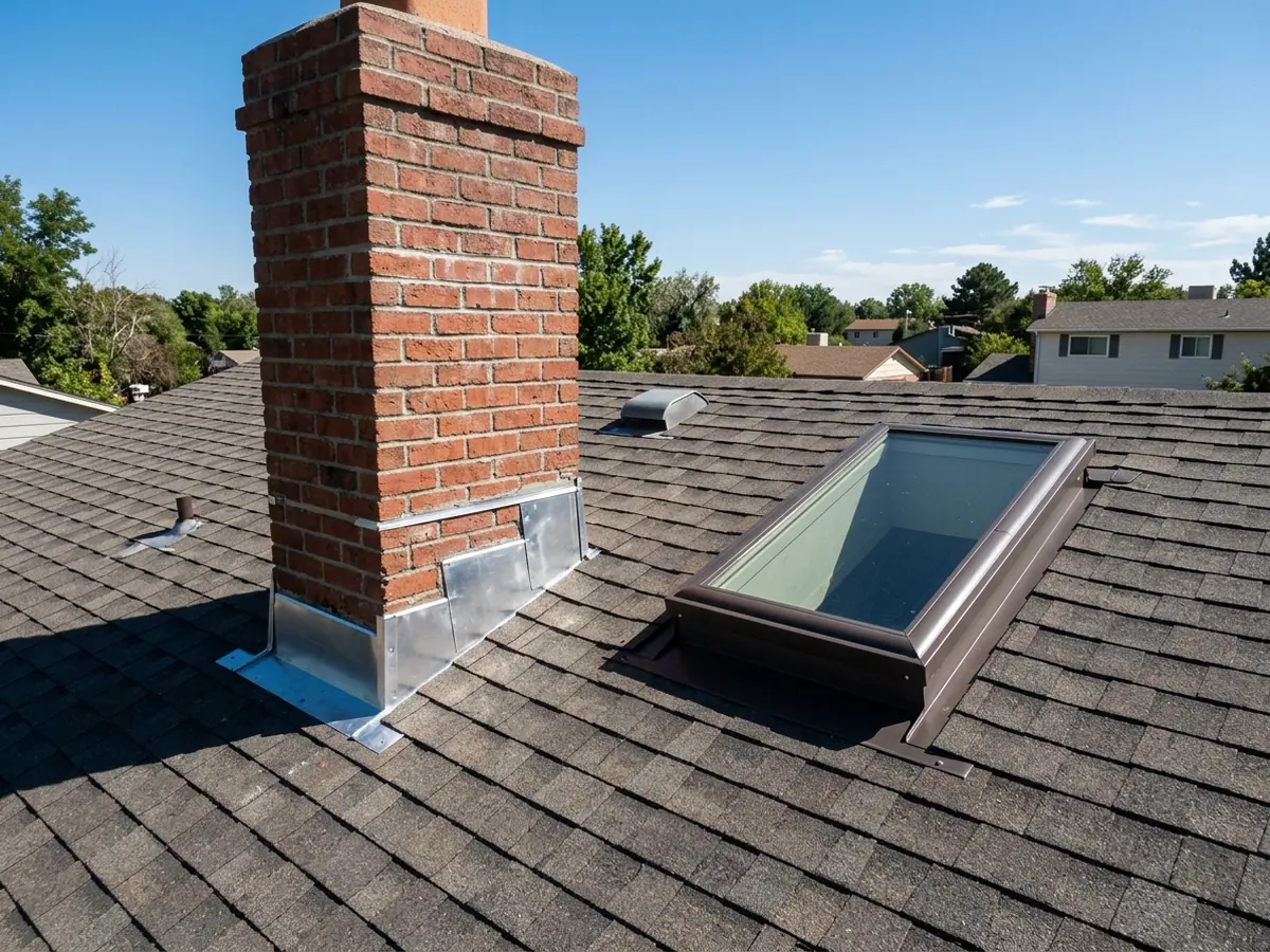 Brick chimney with new metal flashing at its base next to a flashed skylight on an asphalt shingle roof