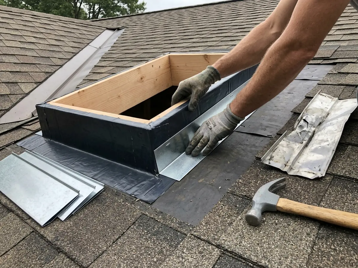 Skylight curb with old flashing removed, new self-adhered underlayment wrapped up its sides and new step flashing being fitted