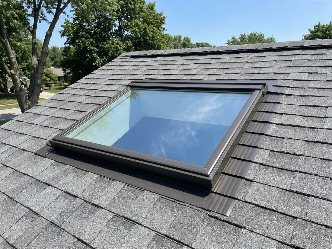 Rectangular fixed skylight with a low-profile aluminum frame set flush into a gray shingle roof, flashing kit visible around its edges