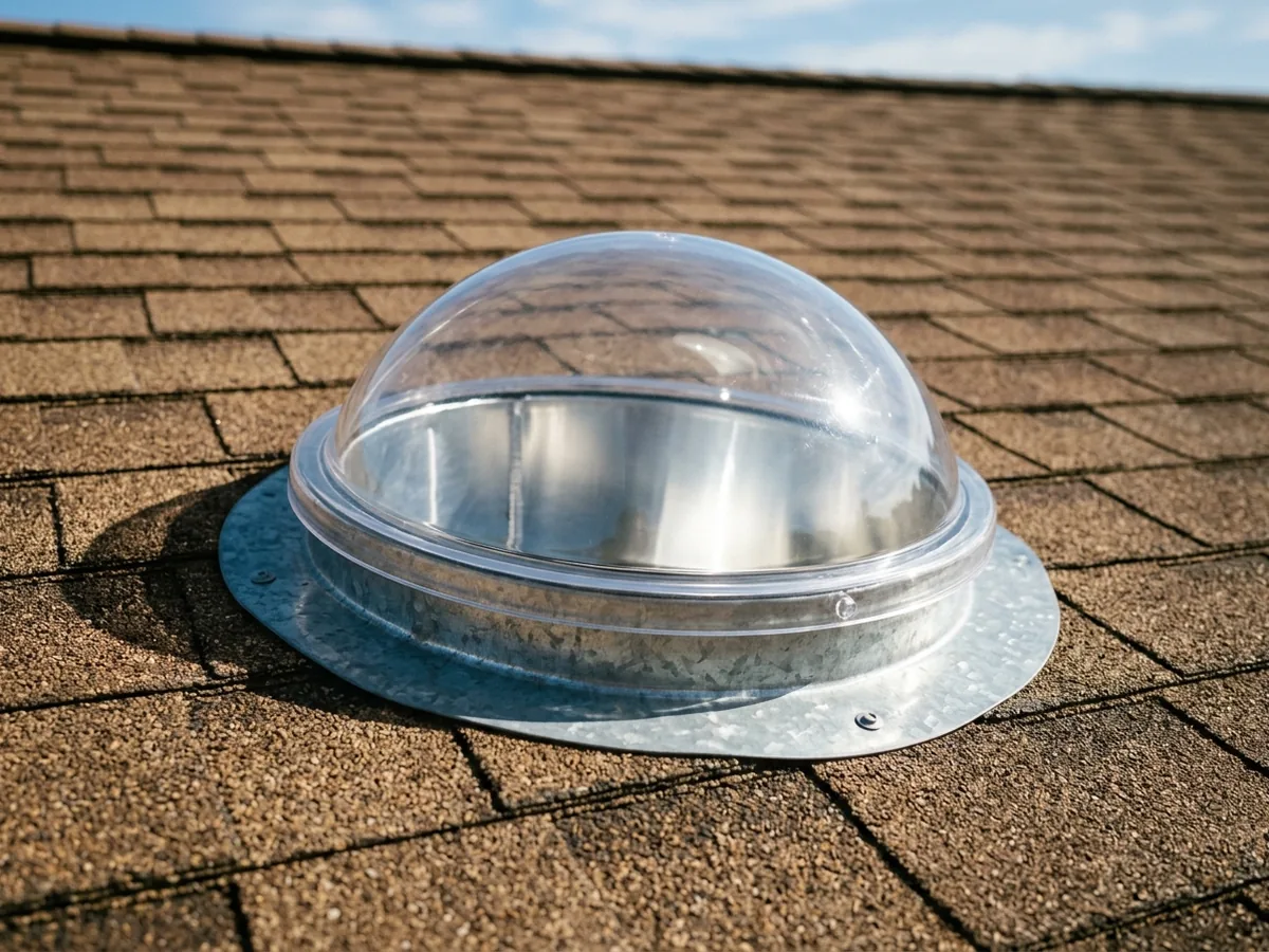 Small clear acrylic dome of a tubular skylight on an asphalt shingle roof with its round flashing collar