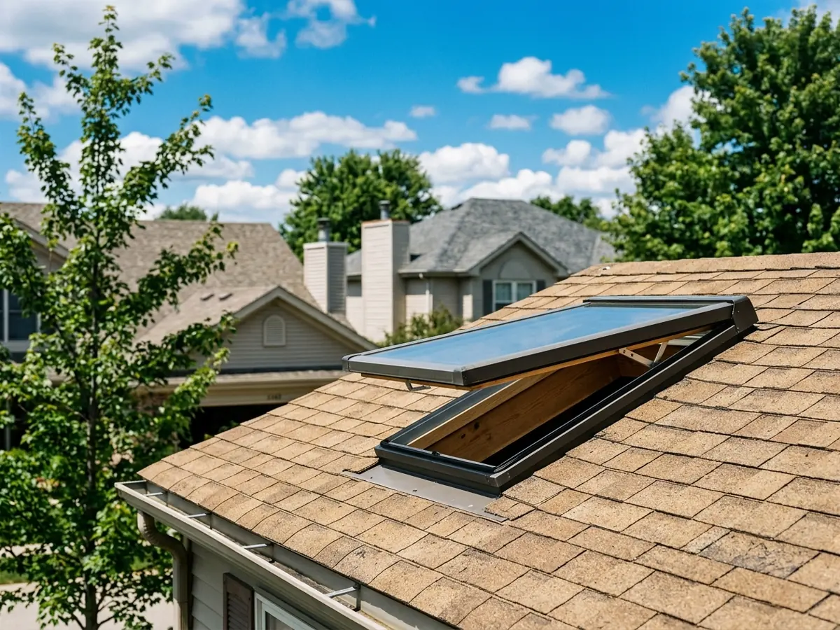 Venting skylight on a shingle roof with its glass sash propped partly open on a summer day