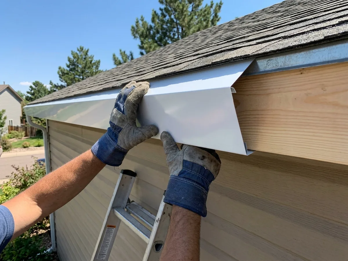 Gloved hands pressing a bent white aluminum coil wrap over a new wood fascia board at the eave of a tan house
