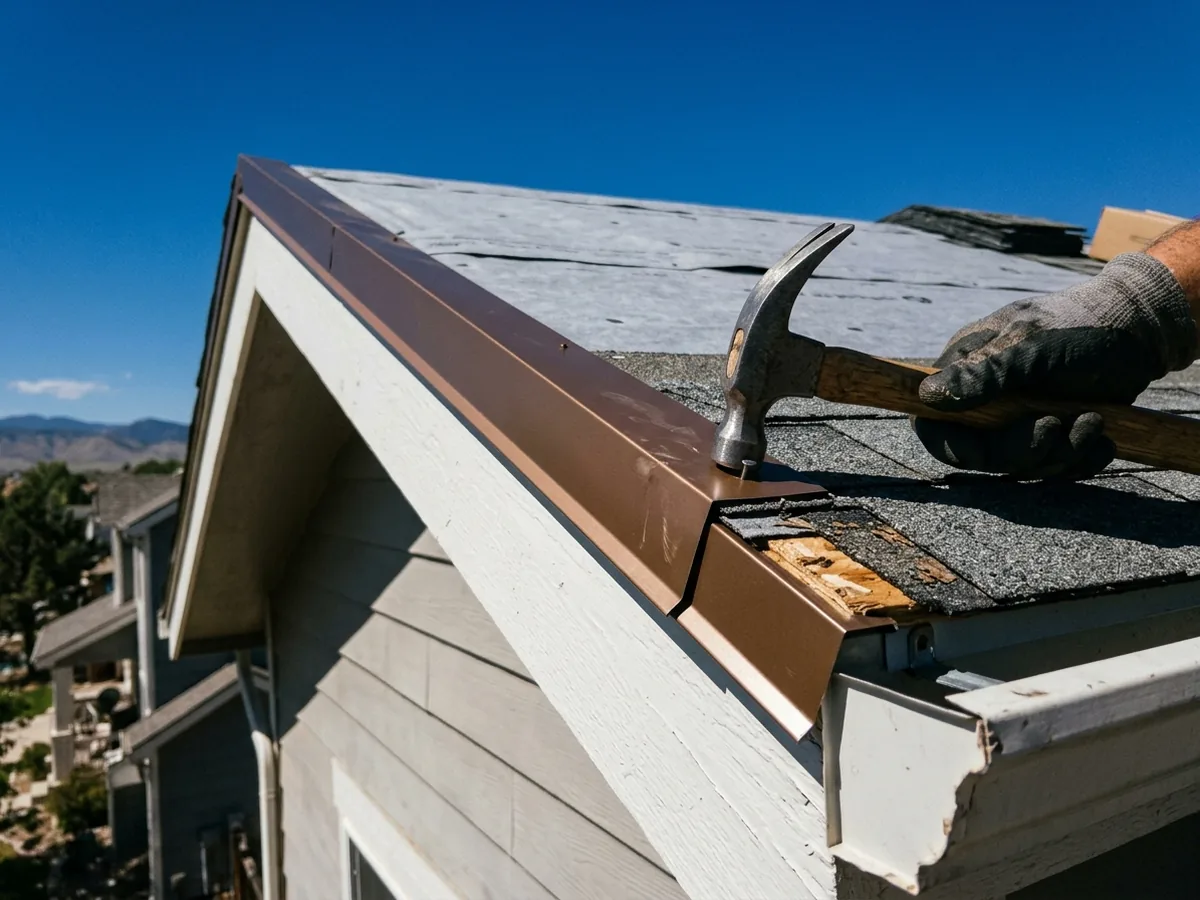 New aluminum drip edge being fastened along the rake edge of a roof over fresh underlayment, above a white fascia board