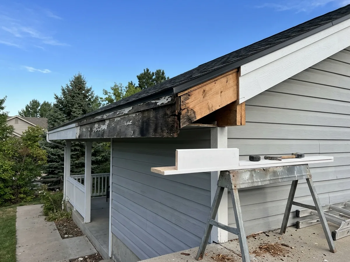 Section of rotted, split wood fascia board cut out at a roof corner, with a new primed board ready beside the opening