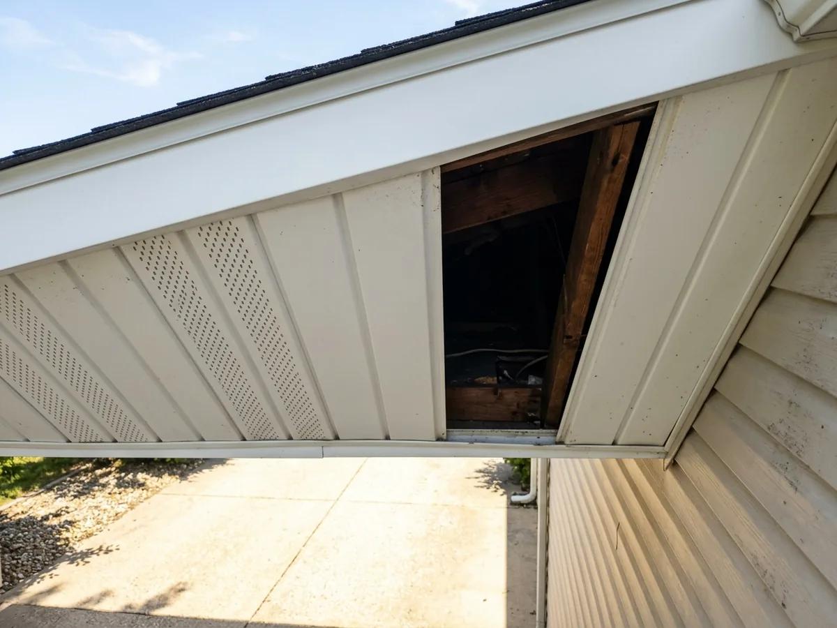 Underside of a roof overhang with white perforated vinyl soffit panels next to a solid panel, a gap where one panel is missing
