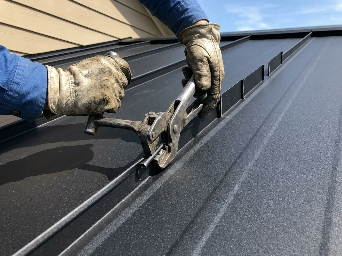 Gloved hands guiding a hand seaming tool along a raised seam on a matte black steel roof, folding the seam over on itself