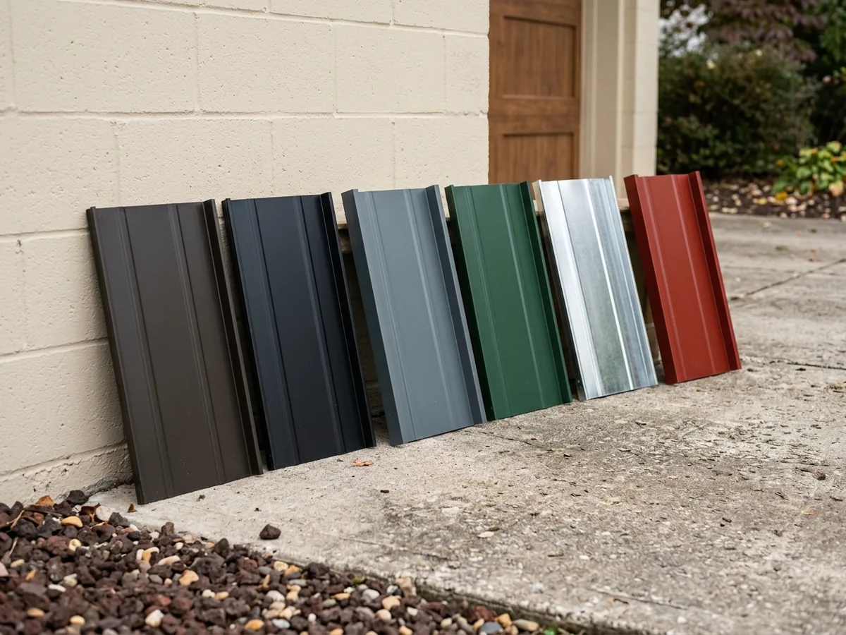 Row of standing seam metal sample panels in several colors and two thicknesses leaning against a garage wall, side by side for comparison