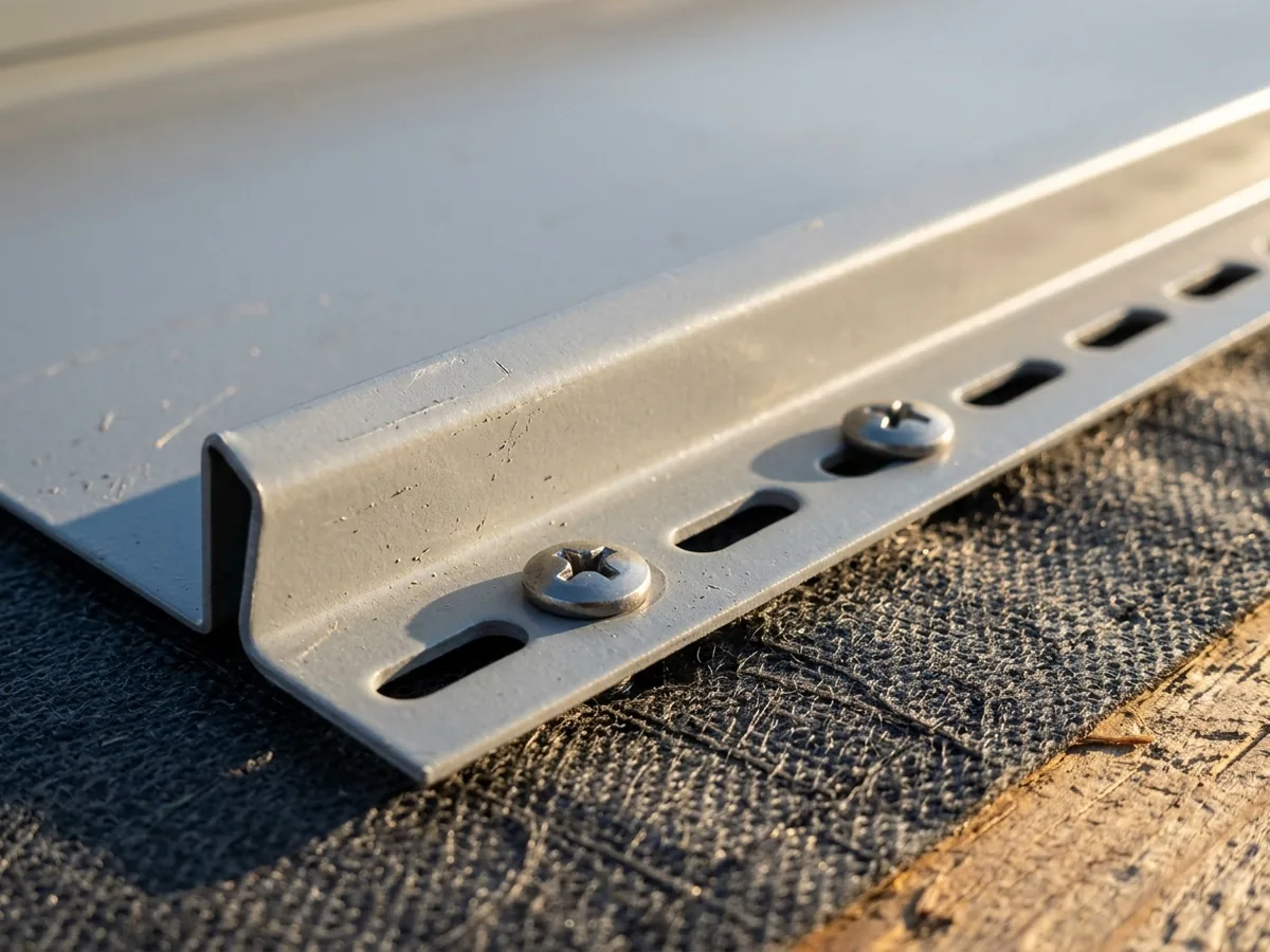 Close view of the edge of a light gray nail-strip metal panel on a roof deck, showing the hemmed edge and the row of slotted holes in its fastening flange