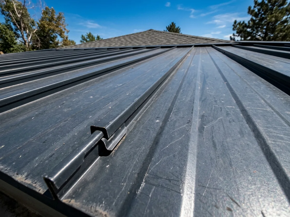 Slate-gray snap-lock steel panels with tall vertical ribs running down a two-story house roof, one seam half-closed to show the male and female legs