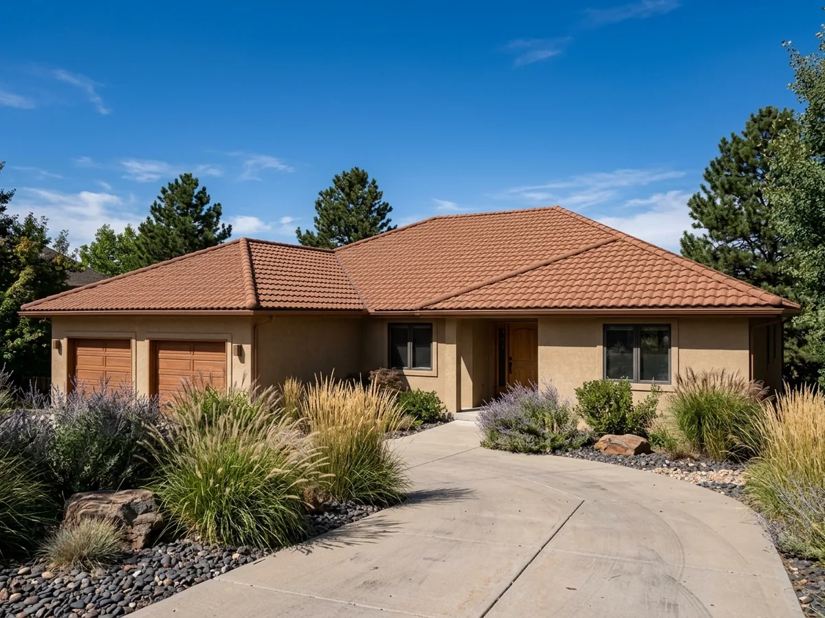 Stone-coated steel panels formed into rounded barrel-tile rows in a terracotta granule blend on a stucco house roof, with a matching rounded ridge