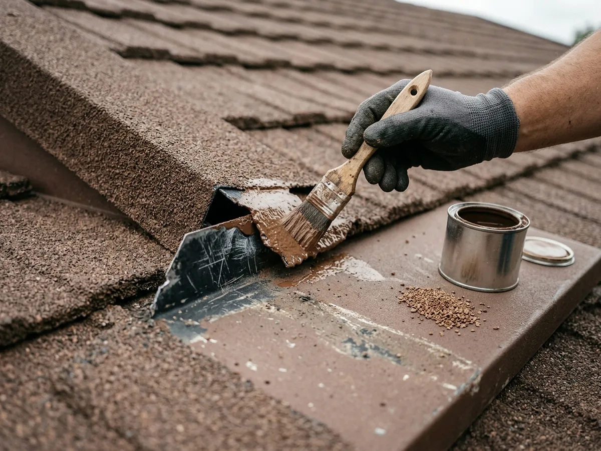 Gloved hand brushing color-matched coating and loose stone granules onto a scratched cut edge of a brown stone-coated steel roof panel