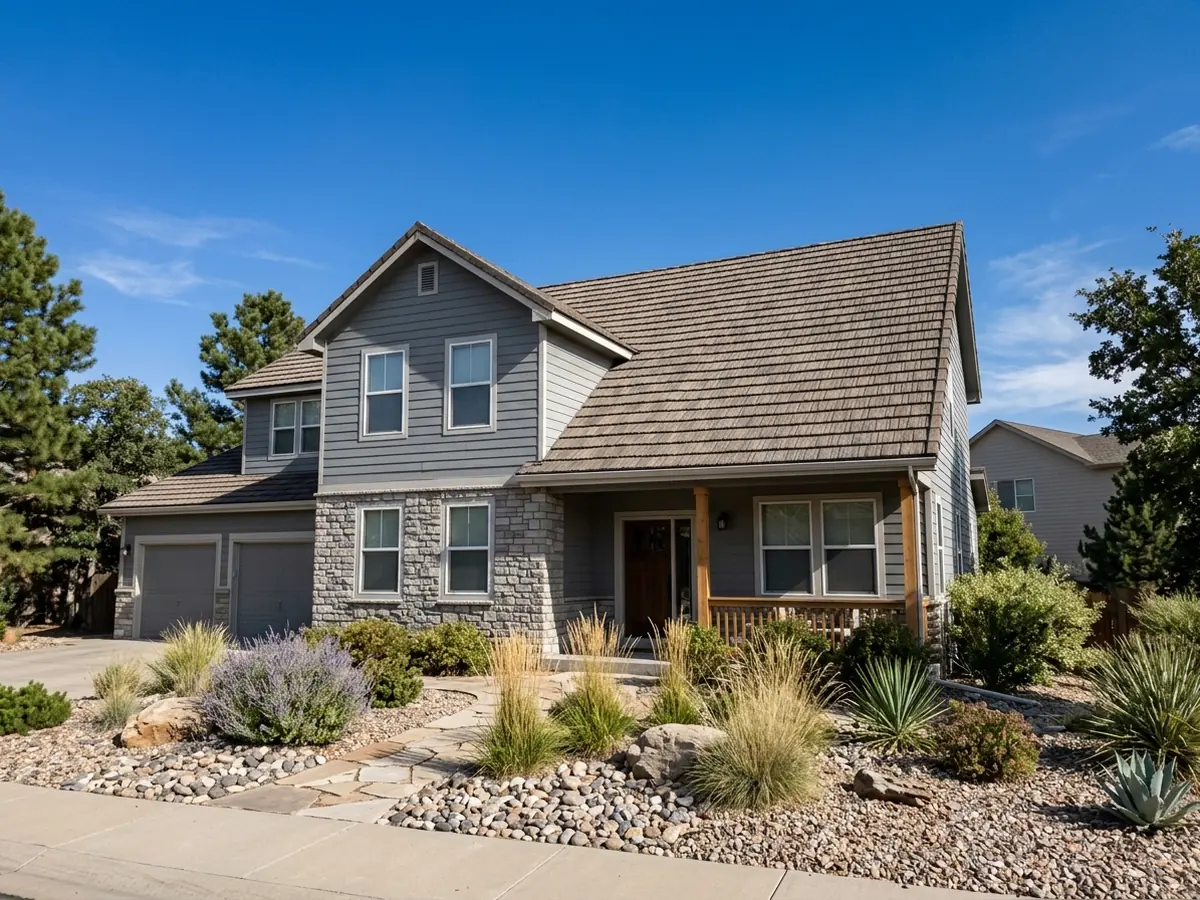 Two-story house roof covered in stone-coated steel panels pressed into a deep hand-split shake pattern in a weathered brown granule finish