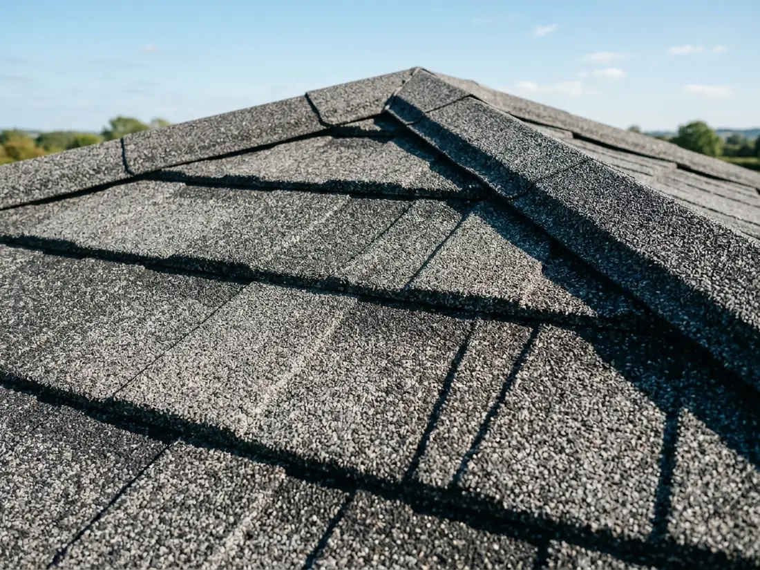 Close view of stone-coated steel panels shaped like laminated architectural shingles in charcoal granules, meeting a metal ridge cap on a suburban roof