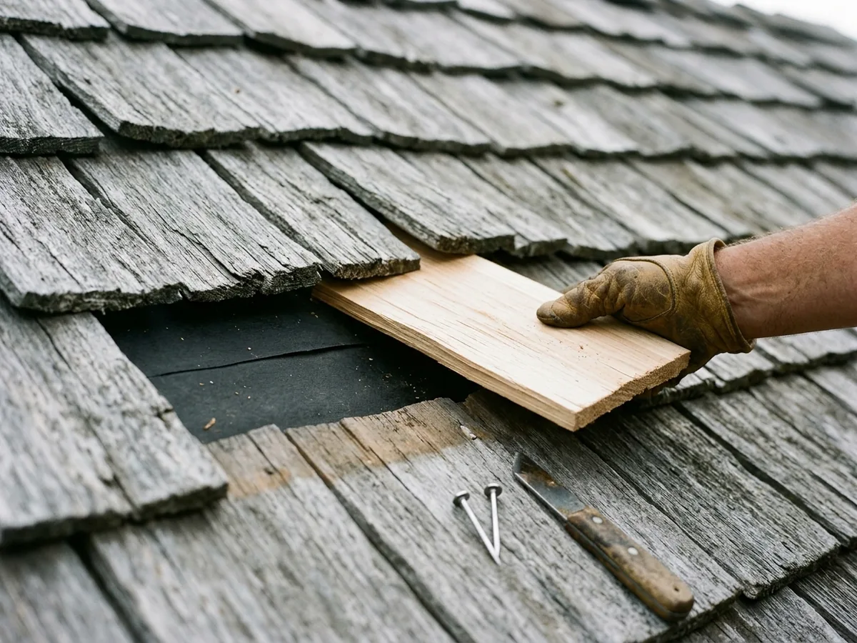Gloved hand sliding a new pale cedar shake into a course of weathered gray shakes on a roof, a strip of black felt visible under the course above