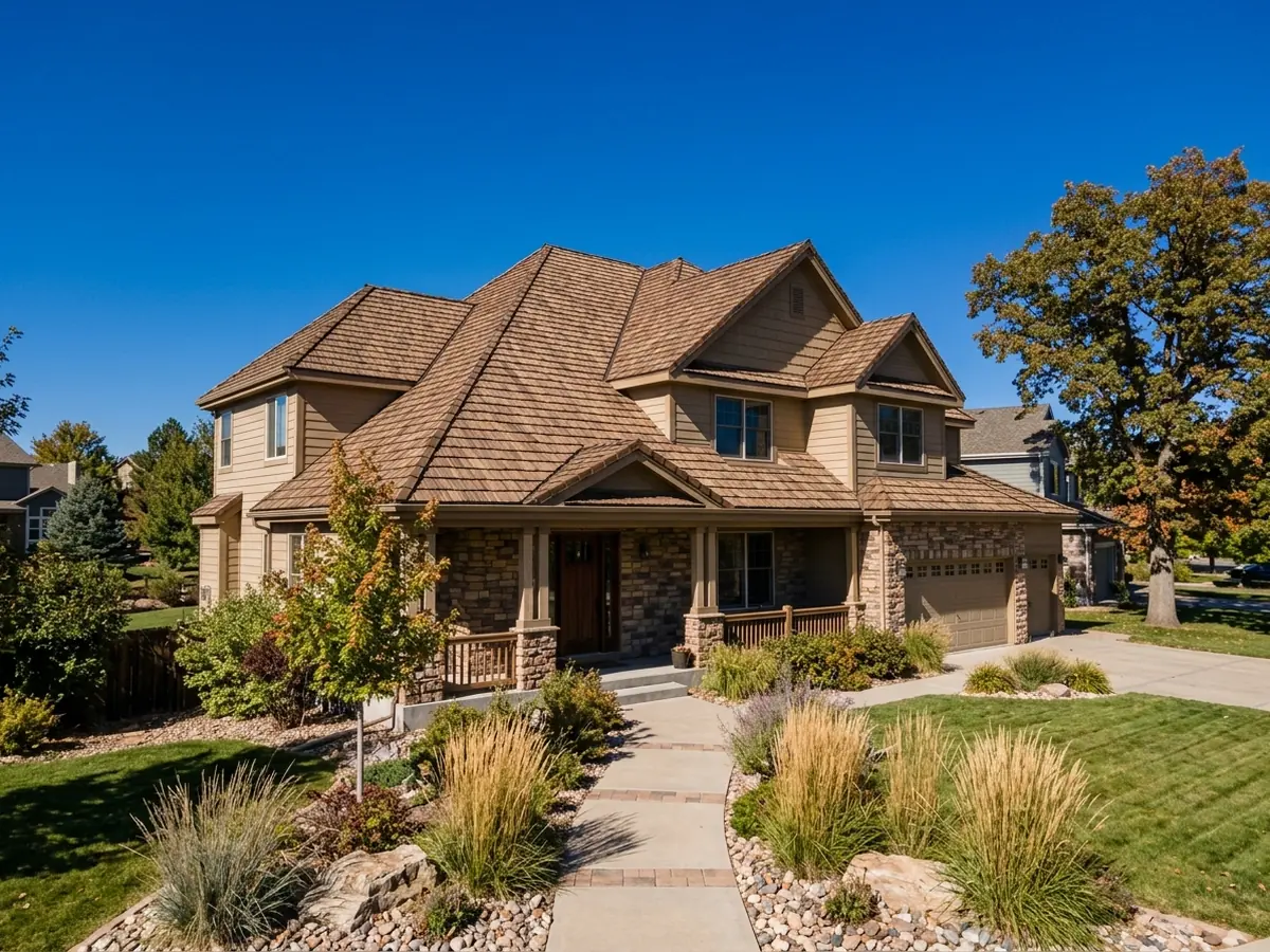 Two-story house roof covered in composite shake shingles with deep grain and uneven butts in a cedar-brown blend, ornamental grasses in the yard below