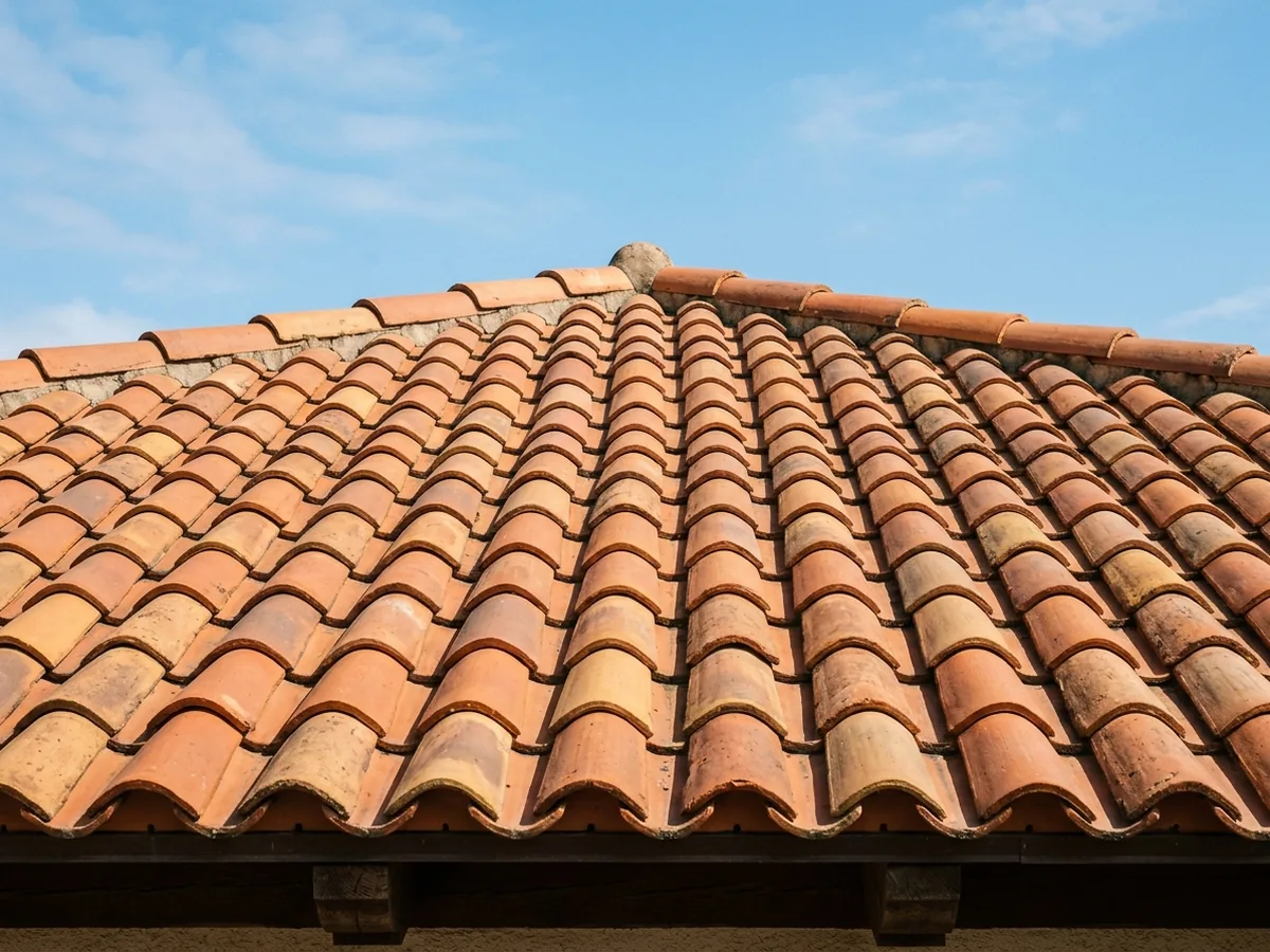 Terracotta clay barrel tiles in alternating pan and cover rows on a low-pitched roof, with a rounded clay ridge along the top