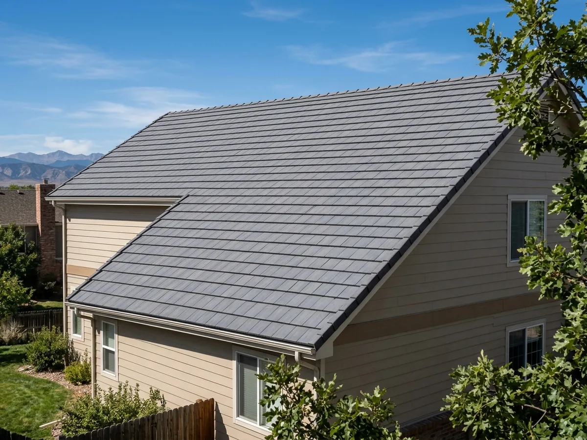 Gray flat concrete roof tiles laid in straight overlapping courses on a two-story house roof, with a slate-like texture and crisp shadow lines