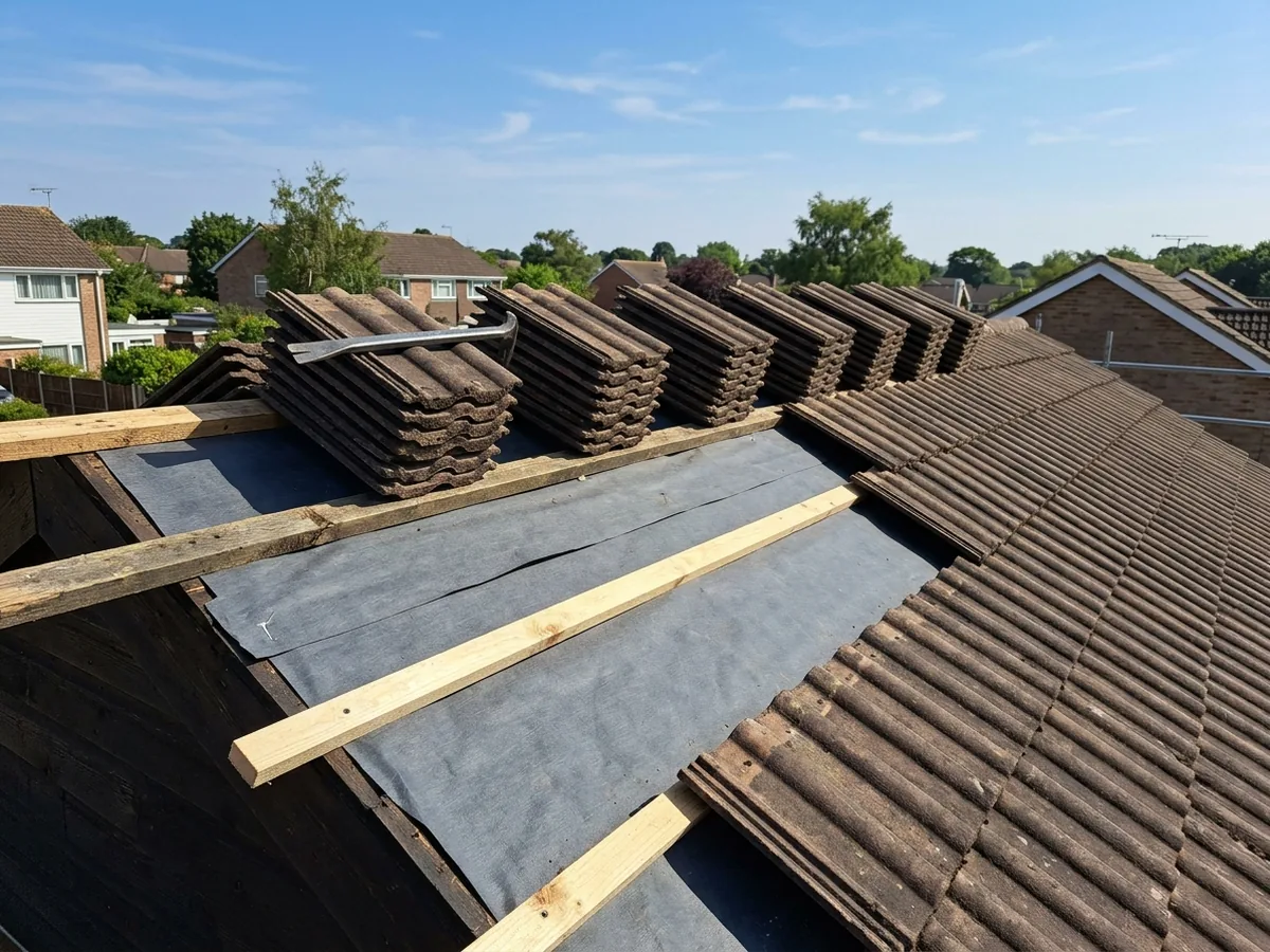 Section of roof with a full course of concrete tiles stacked neatly along the battens and fresh dark underlayment laid on the deck below