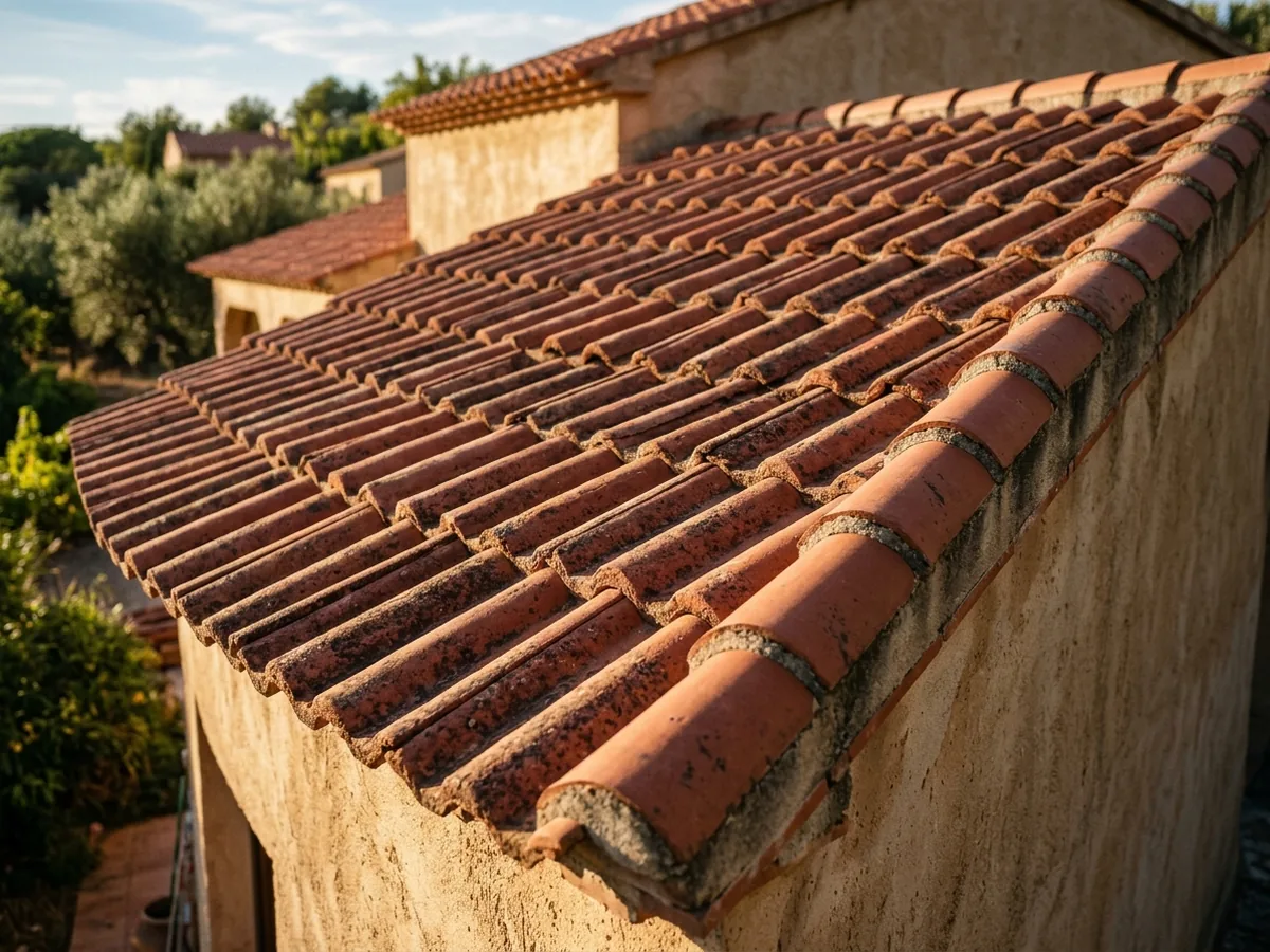 Rows of rust-red S-profile concrete roof tiles with rolling curves on a stucco house roof, a barrel trim tile along the rake edge