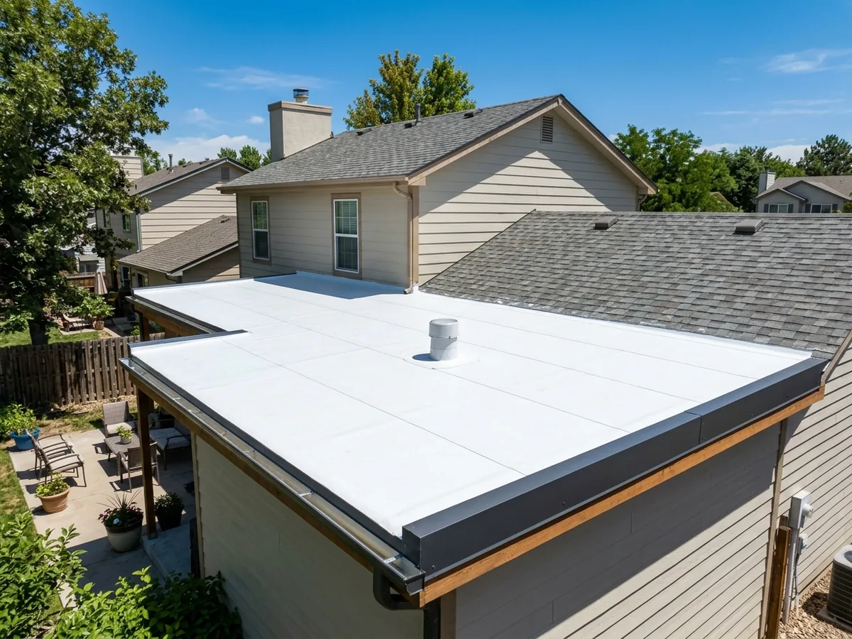 White TPO membrane low-slope roof with a single pipe vent over the rear section of a two-storey house, next to a gray shingle roof